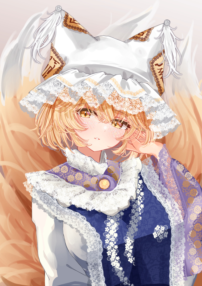 1girl animal_ears blonde_hair blush breasts dress fox_ears hat highres large_breasts long_sleeves looking_at_viewer mob_cap open_mouth sarasadou_dan short_hair solo tabard touhou upper_body white_dress white_hat wide_sleeves yakumo_ran yellow_eyes