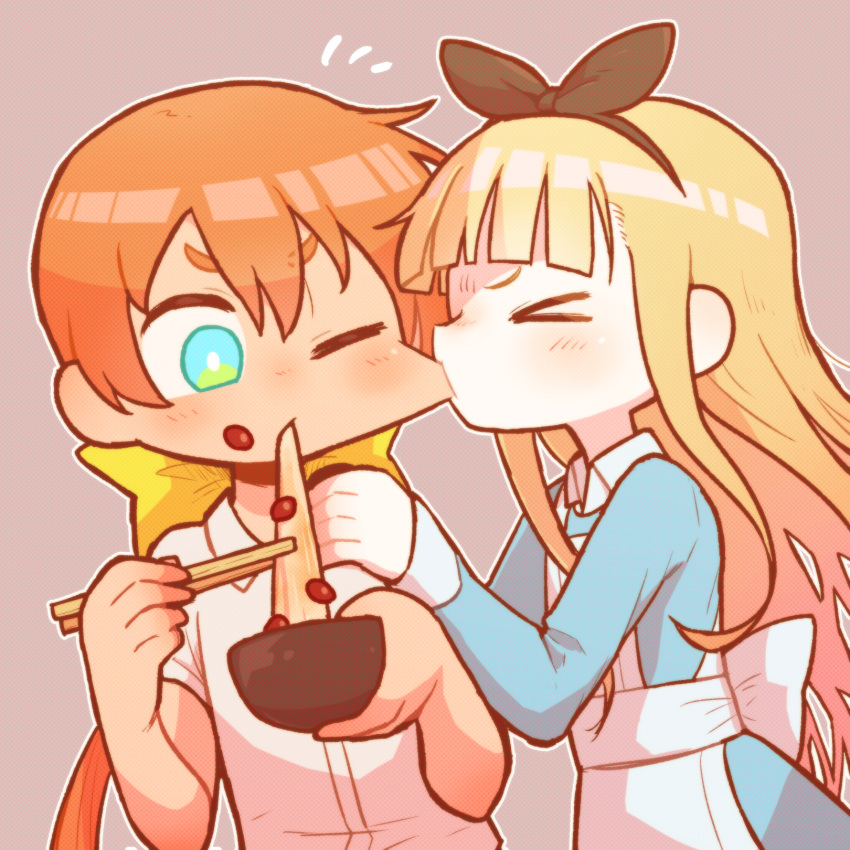 &gt;_&lt; 2girls apron aqua_eyes beans biting black_hairband blonde_hair blue_dress blunt_bangs bow bow_hairband bowl brown_background check_food cheek_biting cheek_pull chopsticks collared_shirt commentary_request dress eating food food_on_face food_request hair_bow hairband hand_on_another's_shoulder hands_up highres holding holding_bowl holding_chopsticks long_hair mochi mochi_trail multiple_girls notice_lines one_eye_closed orange_hair original outline shirt shiruko_(food) short_hair_with_long_locks takurada upper_body v-shaped_eyebrows very_long_hair white_apron white_outline white_shirt yellow_bow