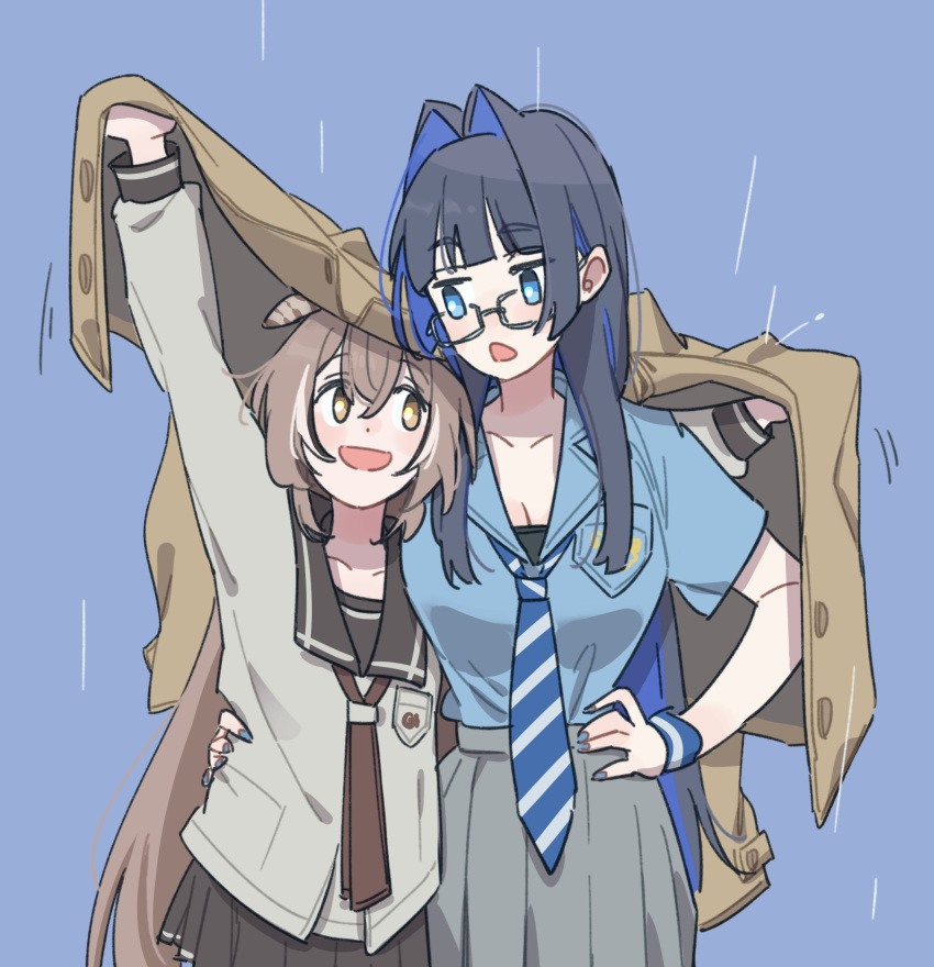 2girls :d alternate_costume armband blue_armband blue_background blue_eyes blue_hair blue_nails blue_necktie blue_shirt blunt_bangs brmameng brown_coat brown_eyes brown_hair brown_sailor_collar brown_skirt coat coat_over_head colored_inner_hair feather_hair_ornament feathers glasses grey_skirt hair_ornament hand_on_another's_waist hand_on_own_hip highres hime_cut hololive hololive_english long_hair looking_at_another multicolored_hair multiple_girls nanashi_mumei neckerchief necktie ouro_kronii pleated_skirt ponytail rain sailor_collar shirt skirt smile streaked_hair striped_necktie very_long_hair virtual_youtuber yuri