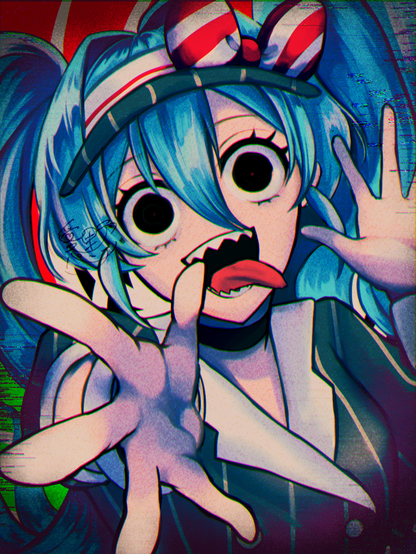 1girl ai_no_punch black_eyes black_mouth blue_dress blue_hair blue_hat bow buttons commentary double-breasted dress hair_bow hands_up hat hatsune_miku highres long_hair mesmerizer_(vocaloid) open_mouth puffy_short_sleeves puffy_sleeves sharp_teeth short_sleeves smile solo striped_bow teeth twintails upper_body very_long_hair visor_cap vocaloid