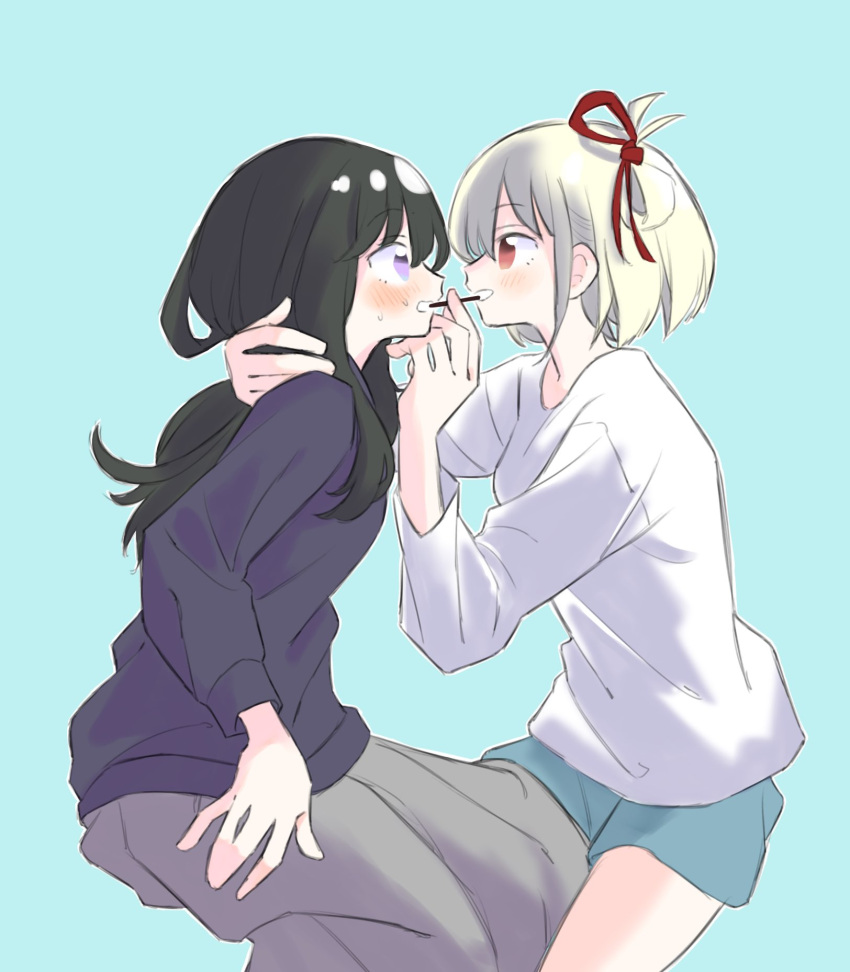 2girls black_hair black_shirt blonde_hair blue_background blue_shorts blush commentary_request cowboy_shot eye_contact food grey_skirt hair_ribbon hand_on_another's_neck highres inoue_takina long_hair long_sleeves looking_at_another lycoris_recoil medium_hair multiple_girls nervous_sweating nishikigi_chisato one_side_up open_mouth pocky pocky_kiss red_eyes red_ribbon ribbon shirt shorts simple_background skirt smile sweat syonosuke9573 violet_eyes white_shirt yuri