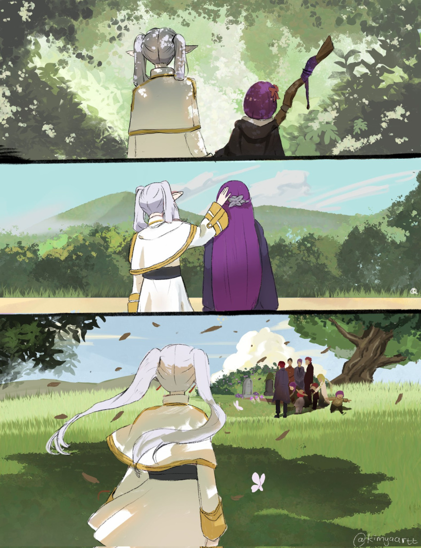 age_progression artist_name blue_sky bow bug butterfly capelet clouds commentary corrupted_twitter_file english_commentary fern_(sousou_no_frieren) forest frieren from_behind gold_trim grave hair_bow hair_over_shoulder headpat highres kimyaartt long_hair mountainous_horizon nature outdoors pointy_ears purple_hair red_bow short_hair sky sousou_no_frieren stark_(sousou_no_frieren) tombstone tree twintails twitter_username white_capelet white_hair