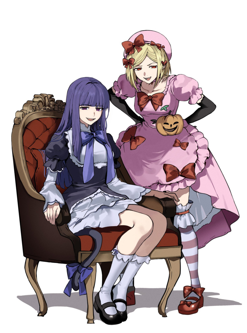 2girls armchair beret black_dress black_footwear black_gloves blonde_hair blunt_bangs bow bowtie bridal_garter cat_tail chair collarbone dress elbow_gloves empty_eyes footwear_bow frederica_bernkastel frilled_sleeves frilled_socks frills from_side full_body gloves hair_bow hands_on_own_hips hat highres kneehighs lambdadelta layered_dress leaning_forward legs_apart long_sleeves looking_at_viewer mary_janes multiple_girls on_chair open_mouth pink_dress pink_hat puffy_short_sleeves puffy_sleeves purple_bow purple_bowtie purple_hair red_bow red_bowtie red_eyes red_footwear shoes short_hair short_sleeves simple_background sitting smirk smug socks standing straight_hair striped_clothes striped_thighhighs tail tail_bow tail_ornament thigh-highs umineko_no_naku_koro_ni v-shaped_eyebrows violet_eyes wefightasone_1 white_background white_socks