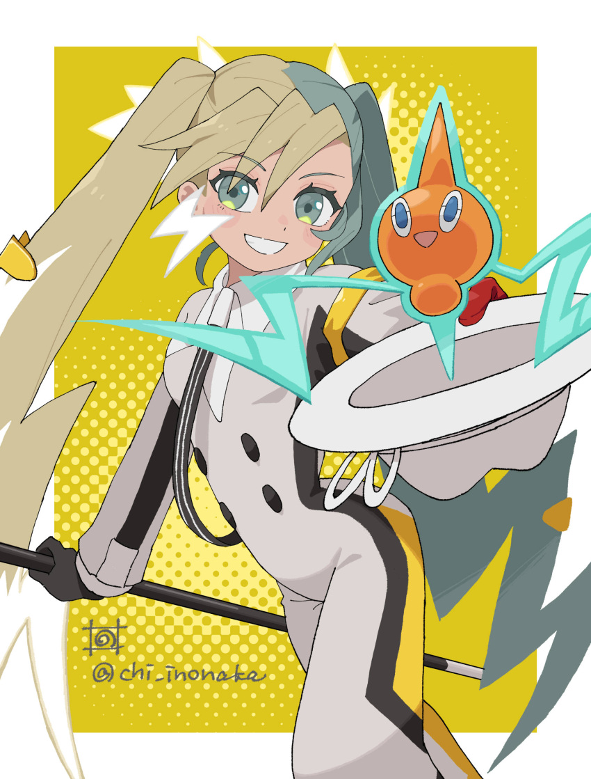 1girl absurdres blonde_hair cane chi_inonaka commentary_request electric_miku_(project_voltage) eyelashes gloves green_eyes grin hair_between_eyes happy hat hatsune_miku highres holding holding_cane holding_clothes holding_hat jumpsuit long_hair long_sleeves looking_at_viewer multicolored_hair pokemon pokemon_(creature) project_voltage red_gloves rotom rotom_(normal) smile teeth twintails two-tone_hair vocaloid yellow_background