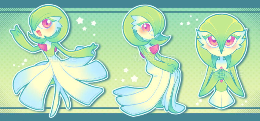 artist_name blush bob_cut colored_skin dress gardevoir green_hair highres looking_at_viewer multicolored_skin multiple_views open_mouth own_hands_together parted_lips pink_eyes pokemon pokemon_(creature) smile star_(symbol) two-tone_skin white_dress white_skin yatsunote