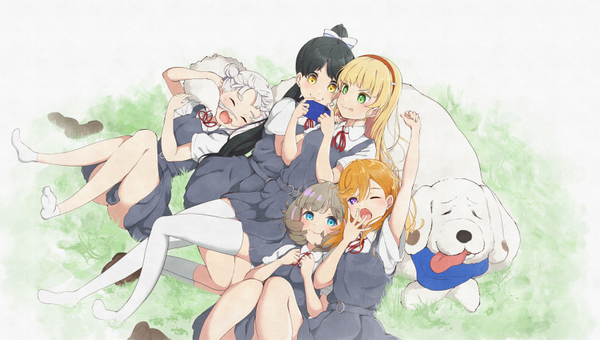 5girls ;o ^_^ absurdres aoiao arashi_chisato arm_up black_hair blonde_hair blue_eyes blunt_bangs blush bow cellphone chibi_(love_live!_superstar!!) clenched_hands closed_eyes closed_mouth collared_shirt commentary dog double_bun dress dress_shirt green_eyes grey_dress grey_hair hair_between_eyes hair_bow hair_bun hairband hazuki_ren heanna_sumire high_ponytail highres holding holding_phone long_hair love_live! love_live!_superstar!! lying lying_on_animal multiple_girls neck_ribbon on_back on_grass one_eye_closed open_mouth orange_hair phone pinafore_dress playing_games red_hairband red_ribbon ribbon school_uniform shibuya_kanon shirt short_dress short_hair short_sleeves sleepy sleeveless sleeveless_dress smartphone smile split_mouth stretching summer_uniform tang_keke tongue tongue_out v-shaped_eyebrows violet_eyes watching white_bow white_hair white_shirt yawning yellow_eyes yuigaoka_school_uniform