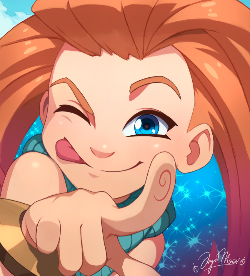 1girl :p ;p absurdres angelmoonlight artist_name blue_background blue_eyes brown_hair closed_mouth hand_up highres league_of_legends long_hair one_eye_closed redhead shiny_skin smile solo tongue tongue_out zoe_(league_of_legends)