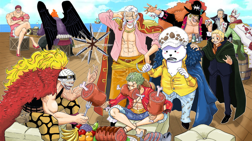 6+boys absurdres apple banana barrel bear benn_beckman bepo black_wings blonde_hair blue_coat blue_shorts boned_meat braddy_art cape card charlotte_katakuri charlotte_linlin charlotte_linlin_(cosplay) coat coat_on_shoulders cosplay crossed_legs devil_fruit earrings edward_newgate edward_newgate_(cosplay) epaulettes eustass_kid eustass_kid_(cosplay) fish food food_in_mouth fork fruit fur_coat goggles goggles_on_head gol_d._roger gol_d._roger_(cosplay) green_cape green_hair green_sash grey_hair hat highres holding holding_card holding_food holding_fork jewelry kaidou_(one_piece) kaidou_(one_piece)_(cosplay) killer_(one_piece) king_(one_piece) knife long_hair male_focus marco_(one_piece) marshall_d._teach marshall_d._teach_(cosplay) meat monkey_d._dragon monkey_d._dragon_(cosplay) monkey_d._luffy monkey_d._luffy_(cosplay) multiple_boys multiple_rings muscular muscular_male necklace ocean one_piece open_clothes open_mouth orange_(fruit) outdoors pink_shirt pirate_hat playing_card poker_chip ponytail red_coat redhead ring rope roronoa_zoro sabo_(one_piece) sash scar scar_across_eye scar_on_chest scar_on_face scar_on_leg shanks_(one_piece) shanks_(one_piece)_(cosplay) shimenawa ship shirt shiryuu_(one_piece) short_hair shorts silvers_rayleigh sitting sweatdrop table trafalgar_law trafalgar_law_(cosplay) watercraft white_coat white_hair white_headwear wings yellow_shirt