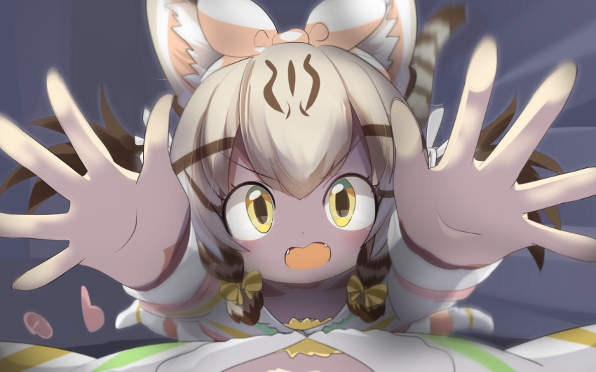 1girl animal_ears brown_hair cat_ears cat_girl cat_tail commentary_request fangs geoffroy's_cat_(kemono_friends) grey_background highres kemono_friends lets0020 light_brown_hair long_hair long_sleeves looking_at_viewer medium_bangs multicolored_hair open_mouth reaching reaching_towards_viewer solo striped_clothes striped_hair striped_sweater sweater tail upper_body v-shaped_eyebrows white_sweater yellow_eyes