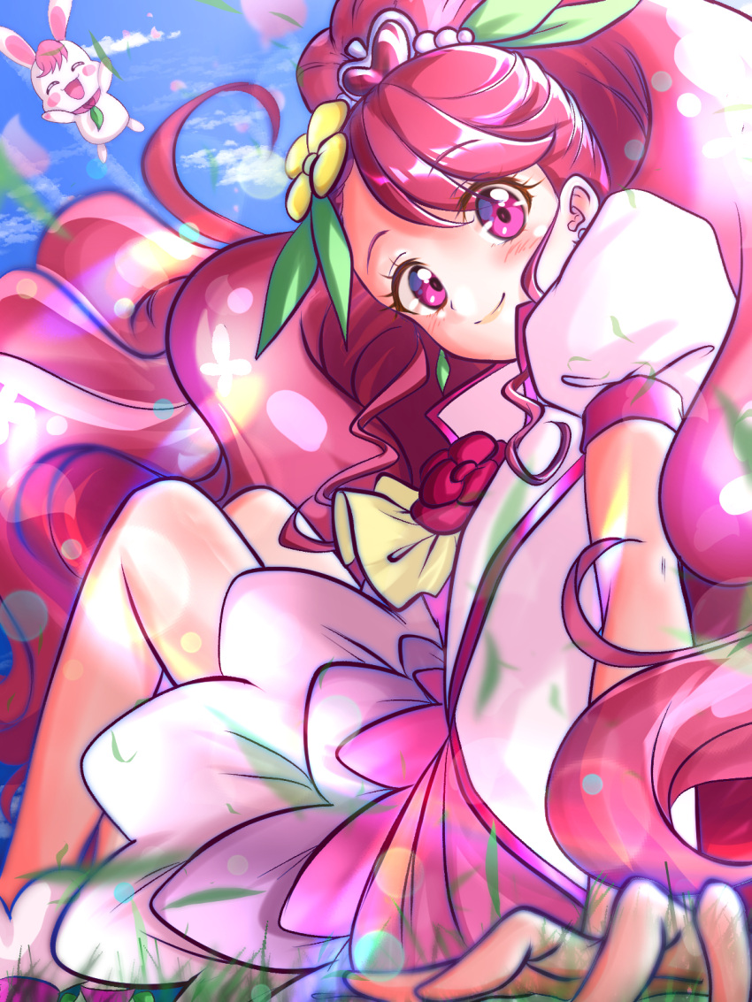 1girl bare_legs blush blush_stickers closed_eyes closed_mouth clouds cure_grace dot_nose flower flower_brooch grass hair_flower hair_ornament hanadera_nodoka healin'_good_precure heart heart_hair_ornament highres jacket kakikakilemon legs_together long_hair looking_at_viewer looking_back magical_girl open_mouth outdoors pink_eyes pink_hair pink_skirt precure puffy_sleeves rabbit rabirin_(precure) shoes sitting skirt sky smile white_footwear white_jacket