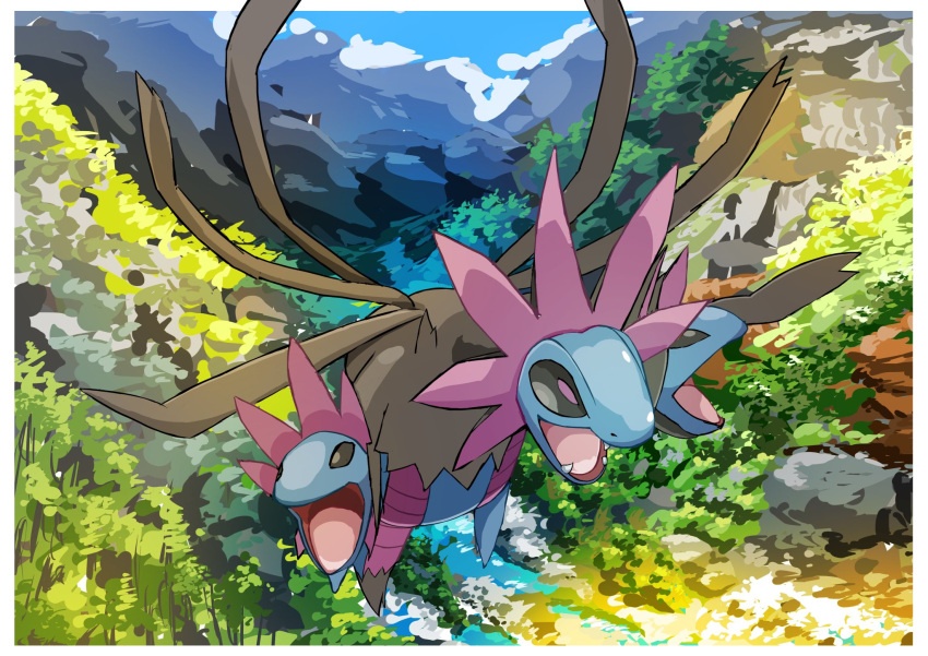 black_sclera blue_sky colored_sclera commentary_request fangs flying from_above hazikamiio highres hydreigon multiple_heads multiple_wings no_humans open_mouth pokemon pokemon_(creature) sharp_teeth sky teeth violet_eyes wings