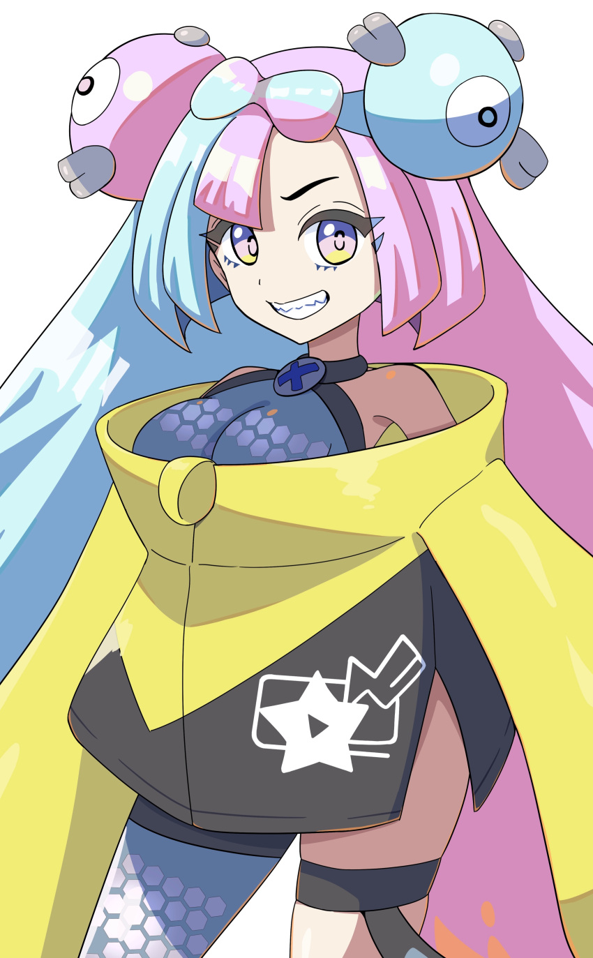 1girl absurdres blue_hair bow-shaped_hair breasts character_hair_ornament grey_pantyhose hair_ornament hexagon_print highres iono_(pokemon) jacket large_breasts long_hair low-tied_long_hair magnemite maho_(corotonton5150) medium_breasts multicolored_hair oversized_clothes pantyhose pink_hair pokemon pokemon_sv sharp_teeth single_leg_pantyhose sleeveless sleeves_past_fingers sleeves_past_wrists solo split-color_hair teeth thigh_strap two-tone_hair very_long_sleeves x yellow_jacket
