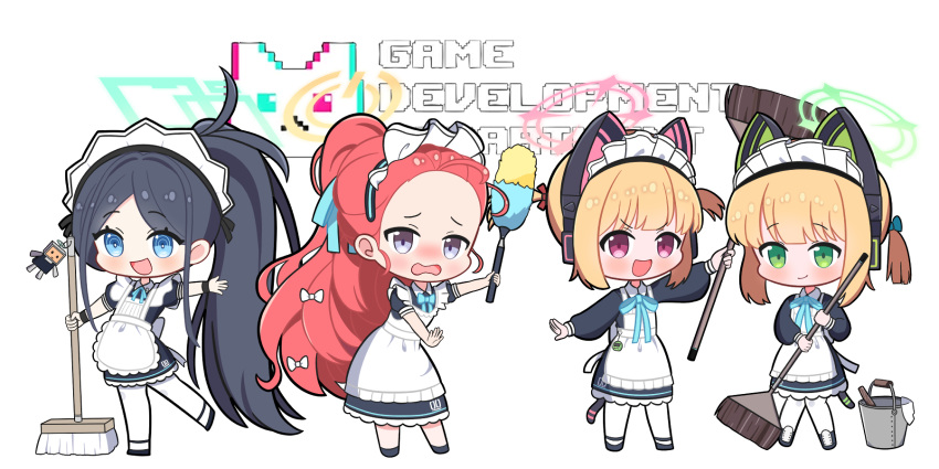 &lt;key&gt;_(robot)_(blue_archive) 4girls :d apron aris_(blue_archive) aris_(maid)_(blue_archive) black_dress black_hair blonde_hair blue_archive blue_bow blue_eyes blue_halo blue_ribbon blush bow broom bucket bucket_of_water cat_tail chibi closed_mouth dress duster feather_duster frilled_apron frills game_development_department_(blue_archive) green_eyes green_halo grey_eyes hair_bow halo highres holding holding_broom holding_bucket holding_mop long_hair luceee maid maid_apron maid_headdress medium_hair midori_(blue_archive) midori_(maid)_(blue_archive) momoi_(blue_archive) momoi_(maid)_(blue_archive) mop multiple_girls neck_ribbon number_print official_alternate_costume official_alternate_hairstyle open_mouth pink_bow pink_eyes pink_halo ponytail redhead ribbon robot sidelocks simple_background smile tail very_long_hair wavy_mouth white_background white_bow yellow_halo yuzu_(blue_archive) yuzu_(maid)_(blue_archive)