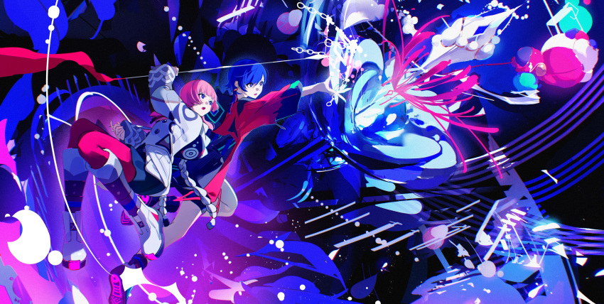 2girls absurdres black_footwear black_jacket blue_background blue_eyes full_body gradient_background highres hood hood_down hooded_jacket jacket kaf_(kamitsubaki_studio) kamitsubaki_studio kneehighs looking_to_the_side multicolored_background multicolored_clothes multicolored_eyes multicolored_jacket multiple_girls official_art pink_background pink_hair promotional_art purple_background red_eyes red_jacket red_thighhighs rim_(kamitsubaki_studio) ritao_kamo socks thigh-highs twintails virtual_youtuber white_footwear white_jacket yellow_pupils