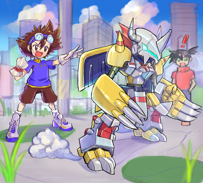 ! 3boys armor black_hair blue_shirt blurry blurry_background brown_hair brown_shorts building city clouds crotch_plate digimon digimon_adventure dragon gloves glowing glowing_eyes goggles goggles_on_head highres horns humanoid_robot mechanical_wings medarot medium_hair multiple_boys non-humanoid_robot oomasa_teikoku outdoors outstretched_arm red_shirt redhead robot robot_dragon shirt shoes shorts skyscraper spikes spiky_hair tenryou_ikki wargreymon watch watch white_footwear white_gloves wings yagami_taichi yellow_armor