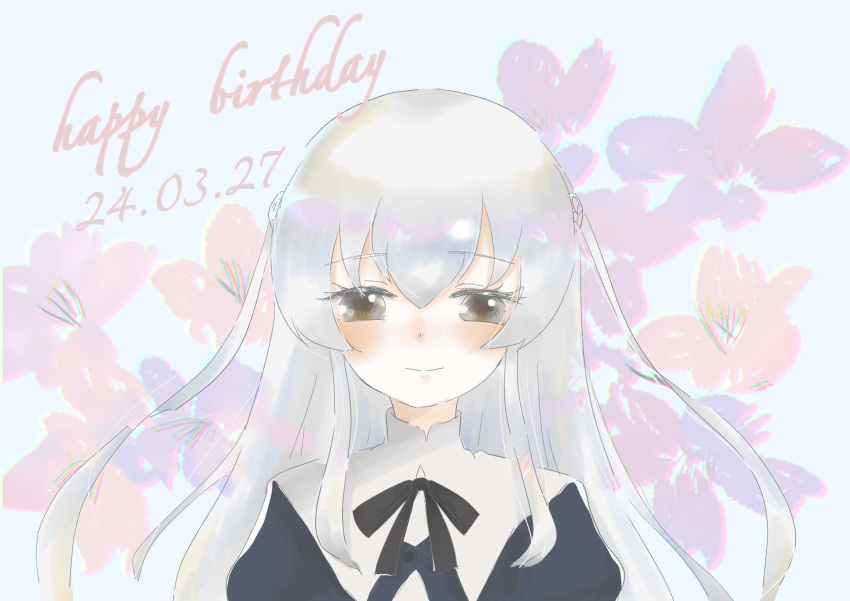 1girl assault_lily black_ribbon blue_background blush brown_eyes buttons chromatic_aberration closed_mouth commentary dated egawa_kusumi floral_background flower fumi_(fumifumi3axl) grey_hair hair_between_eyes hair_flower hair_ornament happy_birthday highres light_smile long_hair looking_at_viewer neck_ribbon pink_flower purple_flower ribbon school_uniform sidelocks solo upper_body yurigaoka_girls_academy_school_uniform