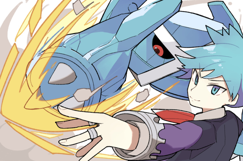 1boy aqua_eyes aqua_hair claws closed_mouth commentary_request highres jacket jewelry komineya_san long_sleeves male_focus metagross necktie outstretched_arm pokemon pokemon_(creature) pokemon_oras red_necktie ring shirt short_hair smile spiky_hair steven_stone white_background white_shirt