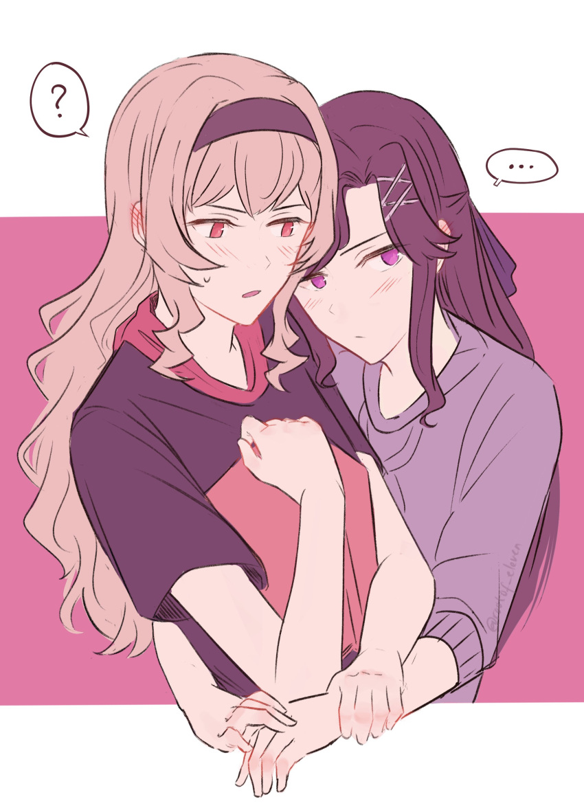 ... 2girls ? absurdres arms_around_waist black_hairband blonde_hair blush brown_hair closed_mouth commentary ear_blush hairband hand_on_another's_arm highres hug long_hair long_sleeves multiple_girls parted_lips pink_background purple_shirt red_eyes rtf_11th saijou_claudine shirt short_sleeves shoujo_kageki_revue_starlight spoken_ellipsis spoken_question_mark sweatdrop tendou_maya two-tone_background upper_body violet_eyes white_background yuri