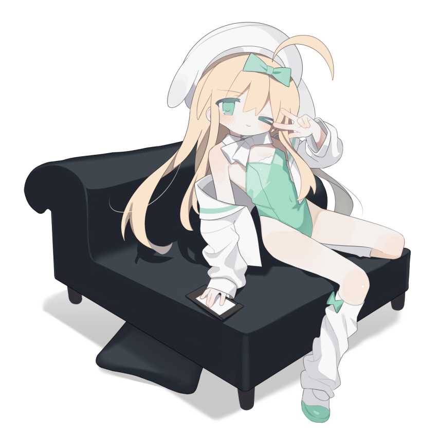 1girl ;) ahoge beret blonde_hair bow couch daizu_(melon-lemon) full_body green_bow green_eyes green_footwear hair_bow hat highres on_couch one_eye_closed original simple_background smile solo white_background white_beret