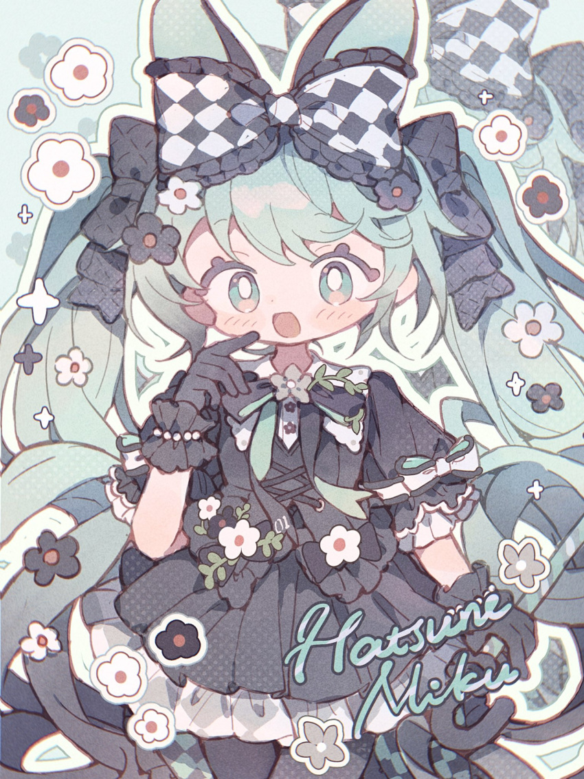 1girl animal_ears arm_at_side black_bow black_dress black_gloves black_thighhighs blue_hair blush bow character_name chibi chibi_only cowboy_shot dot_nose dress finger_to_mouth flower gloves hair_bow hand_up hatsune_miku highres kemonomimi_mode long_bangs long_hair looking_at_viewer milkyway080 open_mouth petticoat pleated_dress rabbit_ears rabbit_girl short_dress sidelocks smile solo thigh-highs twintails vocaloid white_flower