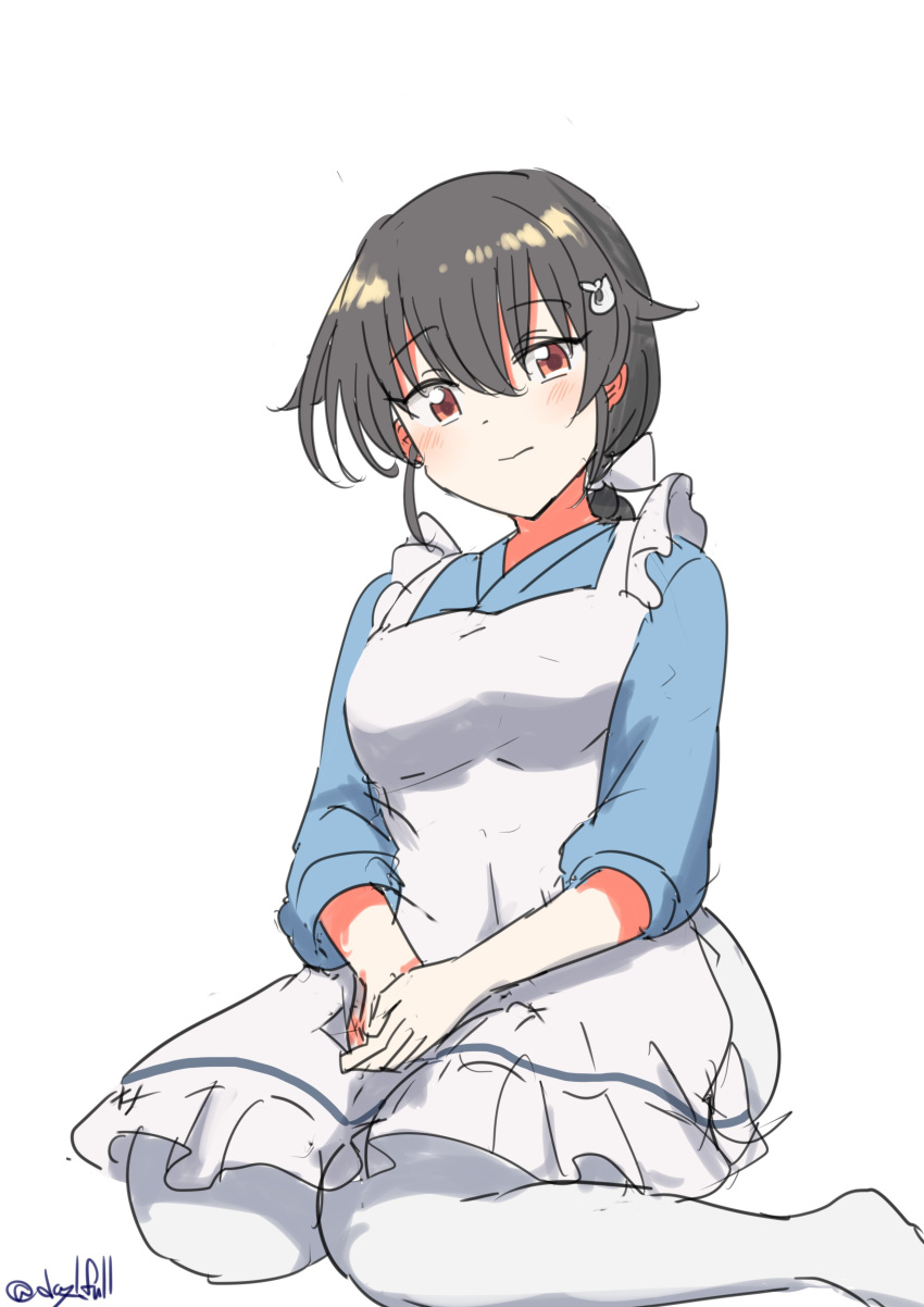 1girl absurdres apron black_hair blue_sweater frilled_apron frills hair_flaps highres jingei_(kancolle) kantai_collection low_ponytail one-hour_drawing_challenge pants redhead robinson_(day_l_full) simple_background sitting smile solo sweater v_arms wariza white_apron white_background white_pants