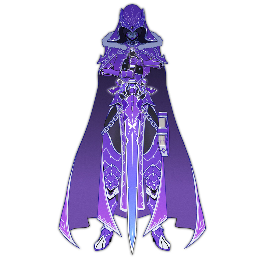 1girl armor body_armor cape dress full_armor full_body gauntlets gloves helmet highres hip_armor holding holding_sword holding_weapon king knight looking_at_viewer ohgercalibur ohsama_sentai_king-ohger papillon_ohger purple_armor solo super_sentai sword tokusatsu tongzhen_ganfan violet_eyes weapon white_background