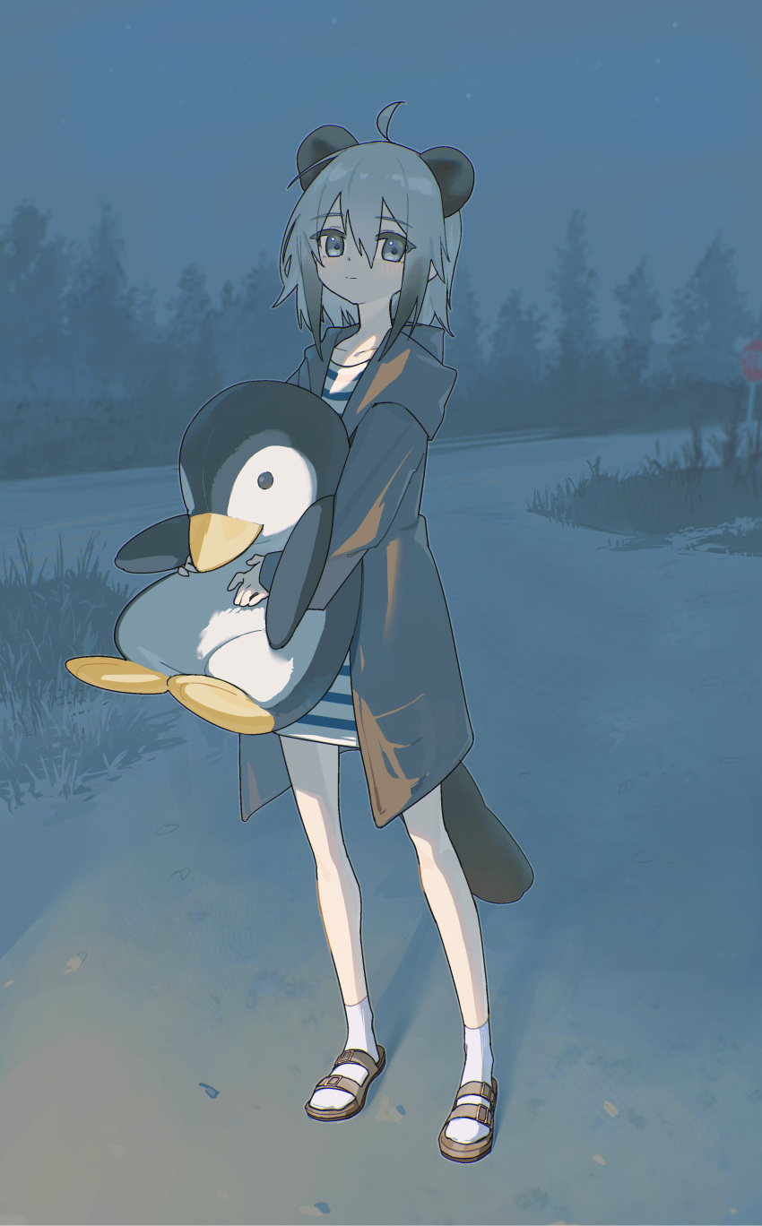 1girl absurdres ahoge animal_ears bare_legs black_hair blue_dress blue_eyes blue_hair blush brown_footwear character_request closed_mouth coat collarbone commission dot_nose double-parted_bangs dress full_body gradient_hair grey_coat hair_between_eyes highres holding holding_stuffed_toy hood hood_down hooded_coat kurobeko_(kur0bek0) light_smile long_sleeves looking_at_viewer medium_hair multicolored_hair night night_sky open_clothes open_coat outdoors road_sign sandals short_dress sign skeb_commission sky socks solo standing star_(sky) stop_sign striped_clothes striped_dress stuffed_animal stuffed_penguin stuffed_toy tail thick_eyelashes three_quarter_view translation_request tree white_dress white_socks