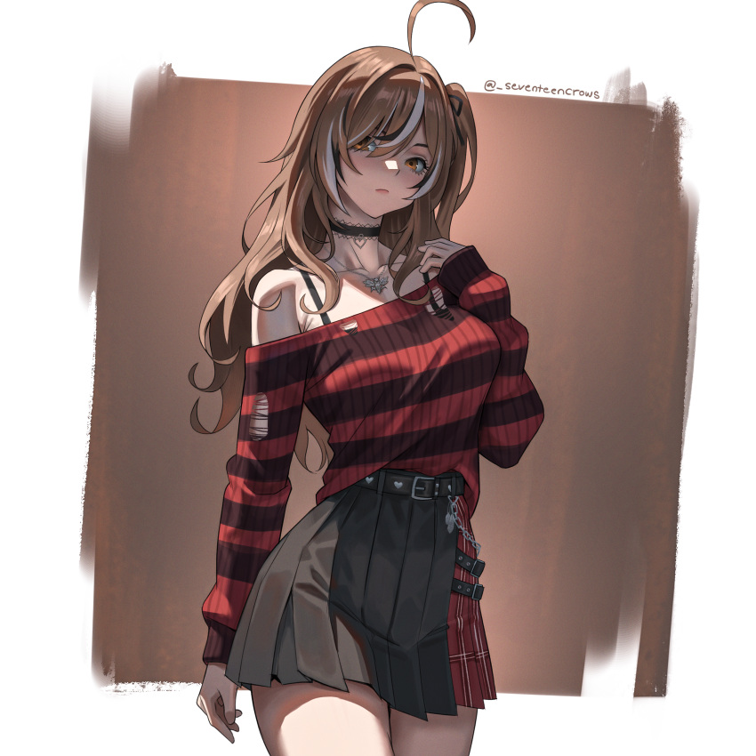1girl absurdres ahoge belt_chain black_choker brown_eyes brown_hair choker emo_fashion heart heart_choker highres hololive hololive_english lace-trimmed_choker lace_trim long_hair looking_at_viewer multicolored_hair nanashi_mumei nanashi_mumei_(emo) official_alternate_costume pleated_skirt red_sweater seventeencrows simple_background skirt solo streaked_hair striped_clothes striped_sweater sweater sweater_partially_tucked_in torn_clothes torn_sweater two-tone_sweater virtual_youtuber