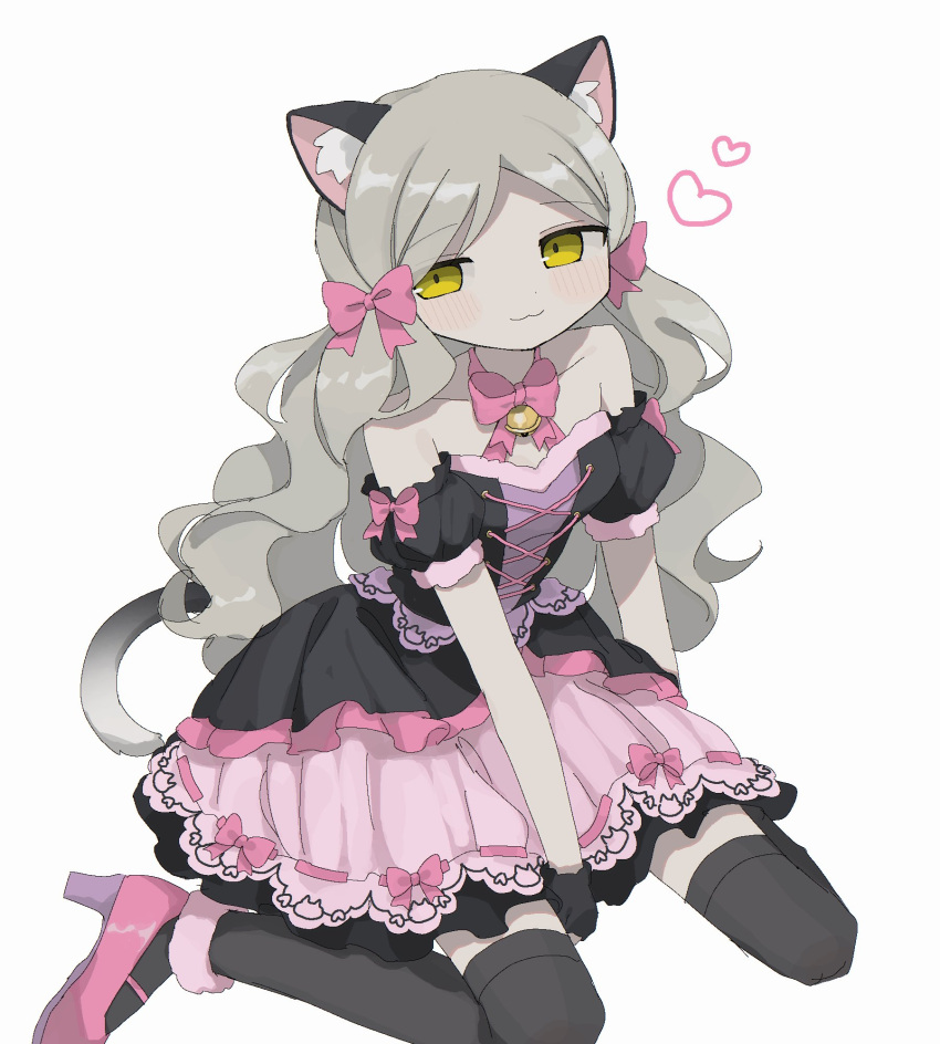 01sh110sush1 1girl :3 alternate_costume animal_ears bare_shoulders bell black_thighhighs blush breasts cat_ears cat_tail choker closed_mouth collarbone detached_sleeves dot_nose dress expressionless fake_animal_ears fake_tail fur-trimmed_dress fur_trim hair_ribbon half-closed_eyes handa_roco hands_on_ground heart highres idolmaster idolmaster_million_live! idolmaster_million_live!_theater_days layered_dress light_brown_hair long_hair looking_at_viewer neck_bell nyannyan_cat's_eye_(idolmaster) parted_bangs pink_footwear pink_ribbon puffy_detached_sleeves puffy_sleeves ribbon ribbon-trimmed_dress ribbon_choker simple_background sitting small_breasts solo tail thigh-highs twintails very_long_hair wariza wavy_hair white_background