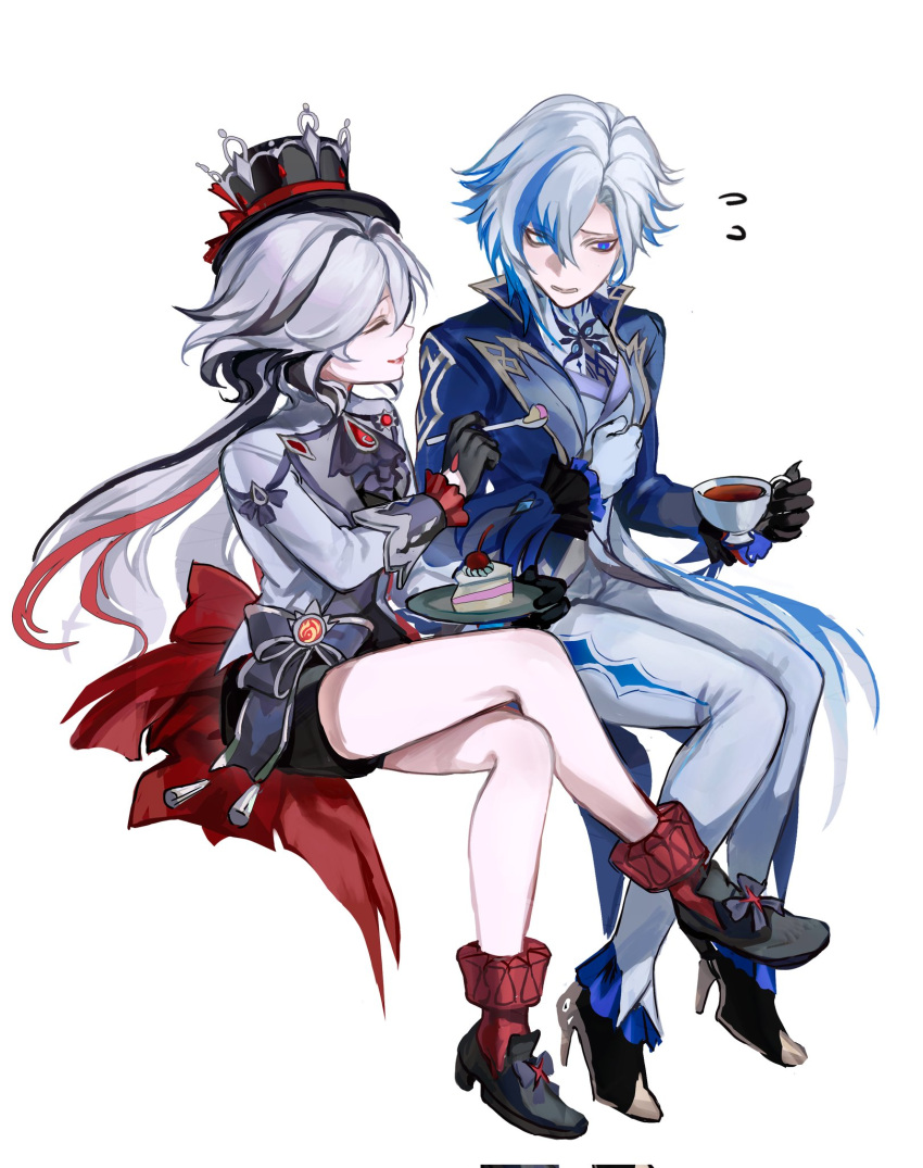 2girls :d ^_^ arlecchino_(genshin_impact) bare_legs black_footwear black_gloves black_hair black_hat black_shorts blue_coat blue_eyes blue_hair cake closed_eyes coat commentary crossed_legs cup food furina_(genshin_impact) genshin_impact gloves grey_hair grey_jacket high_heels highres holding holding_cup invisible_chair jacket leggings long_hair multicolored_hair multiple_girls palette_swap pants parted_lips personality_switch red_socks redhead shorts simple_background sitting smile socks streaked_hair teacup thijikoy very_long_hair white_background white_pants