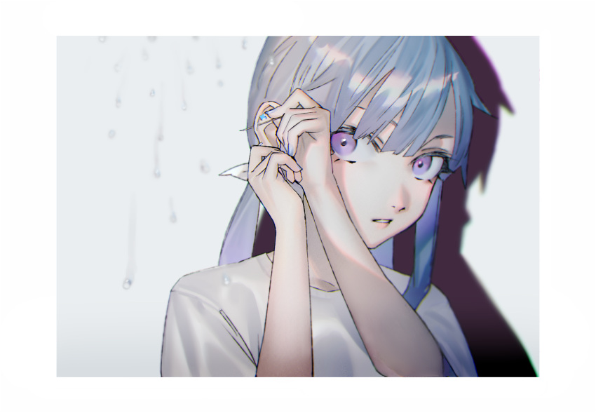 1boy amane_louis blue_hair blue_nails border drop_shadow ear_piercing grey_background hands_up holding holding_needle long_hair looking_at_viewer low_twintails male_focus mi8pq needle otoko_no_ko parted_lips piercing shirt short_sleeves simple_background solo twintails upper_body utau violet_eyes water_drop white_border white_shirt