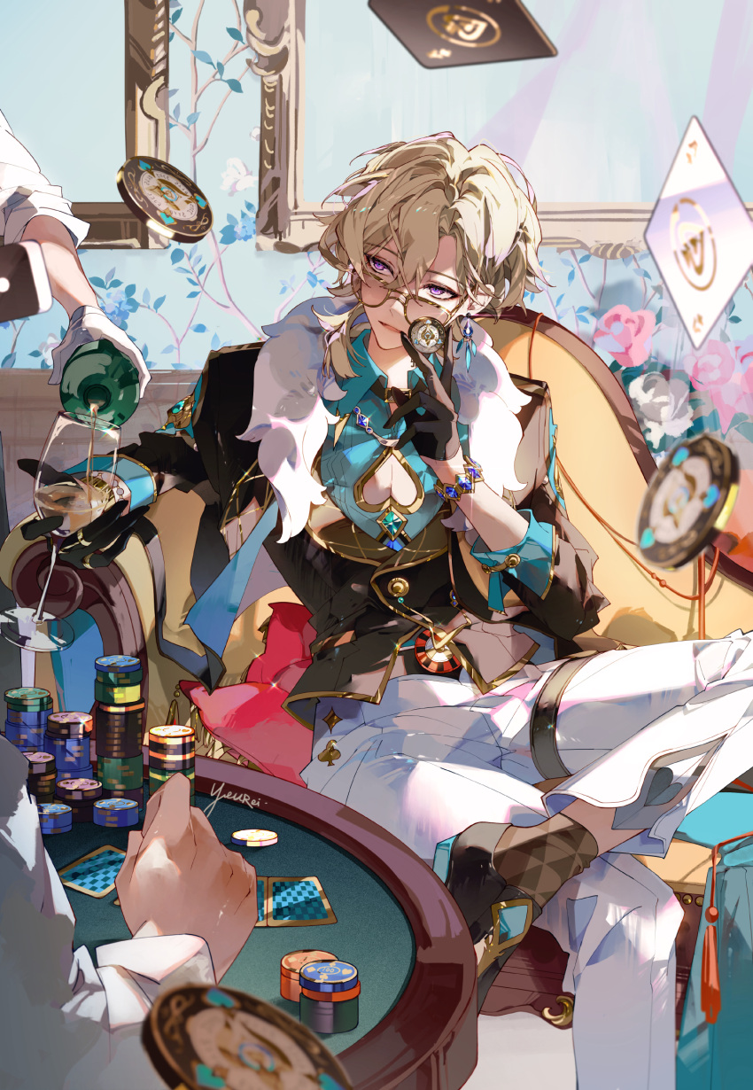 1boy alcohol aqua_gemstone aqua_shirt argyle_clothes argyle_footwear artist_name aventurine_(honkai:_star_rail) black_gloves black_shirt blonde_hair blue_gemstone blurry blurry_foreground brown_footwear brown_socks card clothing_cutout collared_shirt commentary_request couch cup drinking_glass earrings floating_card flower foot_out_of_frame gem gloves hair_over_shoulder heart_cutout highres holding honkai:_star_rail honkai_(series) jewelry long_sleeves looking_at_another on_couch open_mouth pants pink_flower pink_rose plant poker_chip poker_table pouring rose scarf shirt short_hair single_earring sitting socks solo_focus table two-tone_shirt violet_eyes white_flower white_pants white_rose white_scarf wine_glass yellow-framed_eyewear yeurei