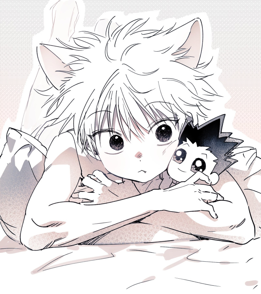 1boy animal_ears bare_arms bare_shoulders bed_sheet cat_ears character_doll closed_mouth crossed_arms fang fang_out gon_freecss highres hunter_x_hunter kemonomimi_mode killua_zoldyck lying male_focus monochrome noeardog on_bed on_stomach outline pillow short_hair sideways_glance sleeveless solo spiky_hair