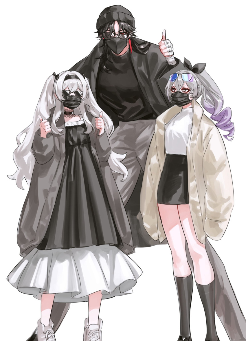 1boy 2girls black_dress black_hair black_hairband black_skirt black_socks blade_(honkai:_star_rail) dress firefly_(honkai:_star_rail) full_body grey_eyes grey_hair grey_jacket grey_pants hairband height_difference high_ponytail highres honkai:_star_rail honkai_(series) jacket jam8366 long_hair looking_at_another looking_at_viewer mask mouth_mask multiple_girls pants red_eyes shoes silver_wolf_(honkai:_star_rail) simple_background skirt sneakers socks standing sunglasses thumbs_up two_side_up very_long_hair white_background white_footwear white_hair
