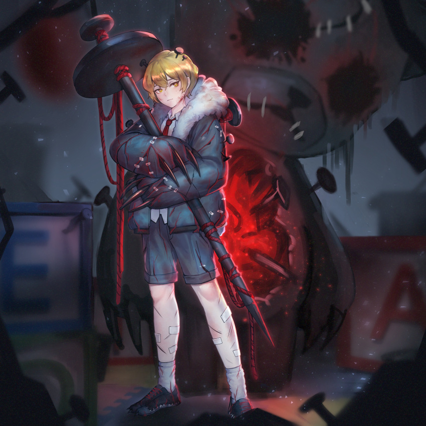 1boy absurdres bandaid bandaid_on_knee bandaid_on_leg blonde_hair chyeo_(chear_57) clawed_gauntlets claws full_body fur_collar highres jacket large_teddy_bear limbus_company male_focus nail necktie project_moon red_necktie shirt short_hair shorts sinclair_(project_moon) solo white_shirt yellow_eyes
