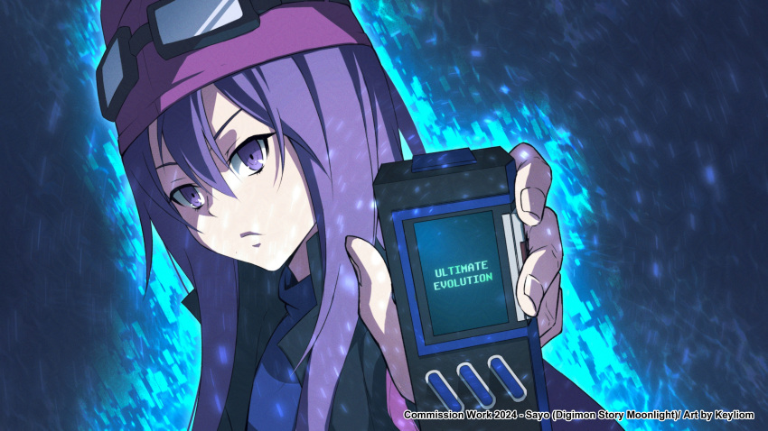 1girl absurdres artist_name aura black_jacket blue_shirt character_name commission dark_background digimon digimon_savers digimon_story:_sunburst_and_moonlight digivice_burst english_text goggles goggles_on_head goggles_on_headwear hat highres holding jacket keyliom long_hair looking_at_viewer parody purple_hair purple_hat sayo_(digimon) scene_reference second-party_source shirt solo upper_body violet_eyes