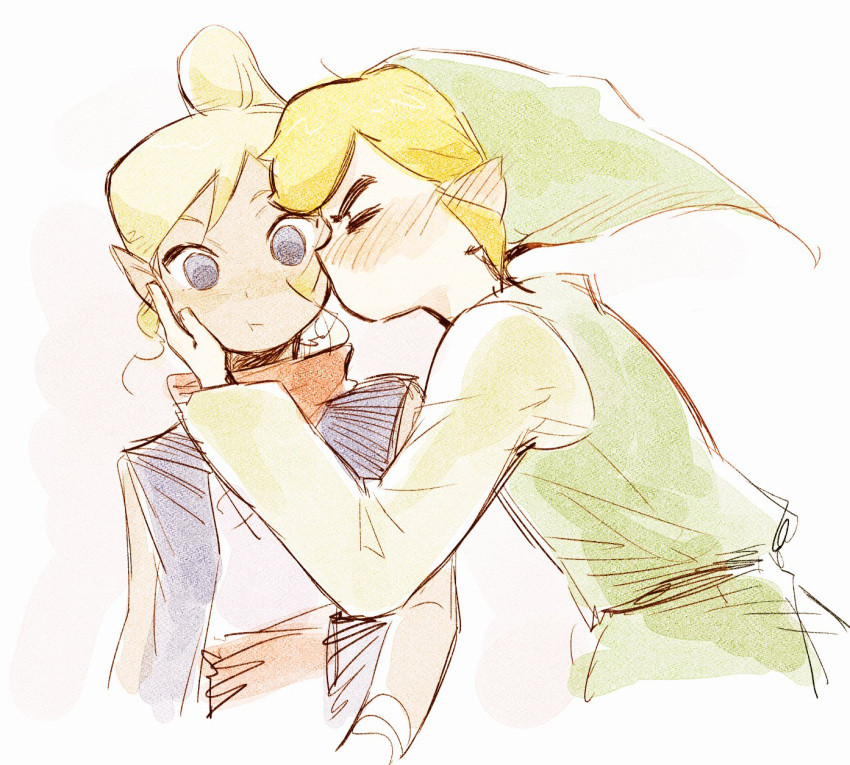 1boy 1girl blonde_hair green_hat green_shirt grey_eyes hand_on_another's_cheek hand_on_another's_face highres impossible_hair kiss link looking_at_viewer pointy_ears pointy_hat senzo6700 shirt tetra the_legend_of_zelda the_legend_of_zelda:_the_wind_waker toon_link