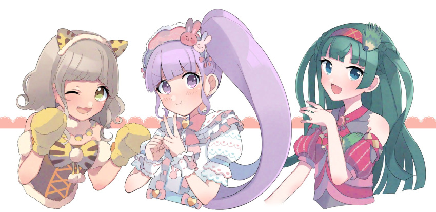 3girls :d animal_ear_hairband animal_ears animal_hands bad_id bad_twitter_id blue_eyes blunt_bangs blunt_ends brown_hair cat_ear_hairband cat_ears closed_mouth commentary_request cropped_torso fake_animal_ears gloves green_hair hairband hands_up highres idol_clothes inactive_account long_hair looking_at_viewer manaka_non mole mole_under_mouth multiple_girls one_eye_closed open_mouth paw_gloves peacock_feathers pout pretty_series pripara purple_hair red_hairband shiyurinpu short_hair side_ponytail sidelocks smile taiyo_pepper tsukikawa_chili two_side_up upper_body v violet_eyes white_background