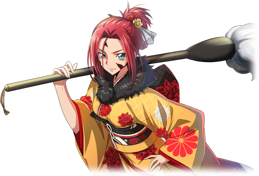 1girl artist_request blue_eyes breasts calligraphy_brush closed_mouth code_geass code_geass:_lost_stories facepaint floral_print flower forehead fur-trimmed_kimono fur_collar fur_trim game_cg hair_bun hair_flower hair_intakes hair_ornament hair_stick hand_on_own_hip hand_up happy highres holding holding_brush japanese_clothes kimono kouzuki_kallen long_sleeves looking_at_viewer medium_breasts non-web_source obi official_art over_shoulder oversized_object paintbrush red_flower sash short_hair sidelocks simple_background single_hair_bun smile solo standing v-shaped_eyebrows white_background wide_sleeves yellow_flower yellow_kimono