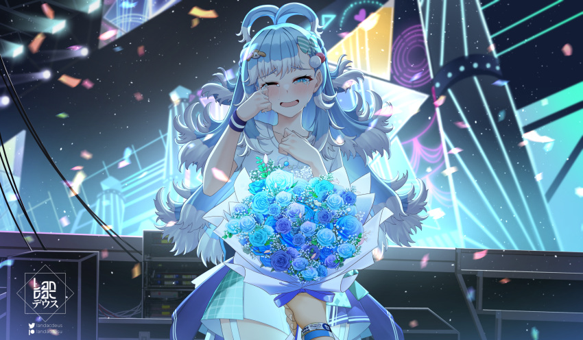 1girl artist_name blue_eyes blue_flower blue_hair blue_rose bouquet bow colored_tips commission confetti crying diagonal-striped_bow dog_hair_ornament flower green_bow hair_bow hair_ornament hand_on_own_chest heart high_ponytail highres holding holding_bouquet hololive hololive_indonesia idol idol_clothes kobo_kanaeru landacdeus long_hair multicolored_hair one_eye_closed open_mouth pov pov_hands rose shirt split_ponytail tears two-tone_hair virtual_youtuber white_bow white_hair white_shirt