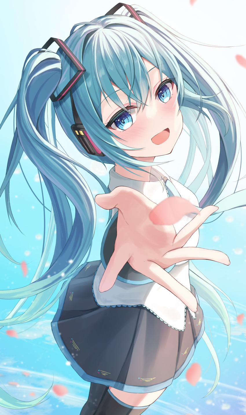 1girl :d absurdres aqua_eyes black_skirt black_thighhighs blurry blush collared_shirt commentary cowboy_shot crossed_bangs depth_of_field eyelashes falling_petals floating_hair foreshortening from_side gradient_background green_hair grey_shirt hair_between_eyes hair_intakes happy hatsune_miku headphones highres hutaba_miyagi light_blue_background light_particles long_hair looking_at_viewer miku_day miniskirt open_mouth outstretched_arm petals pleated_skirt shirt simple_background skirt smile solo thigh-highs tsurime twintails very_long_hair vocaloid white_background zettai_ryouiki