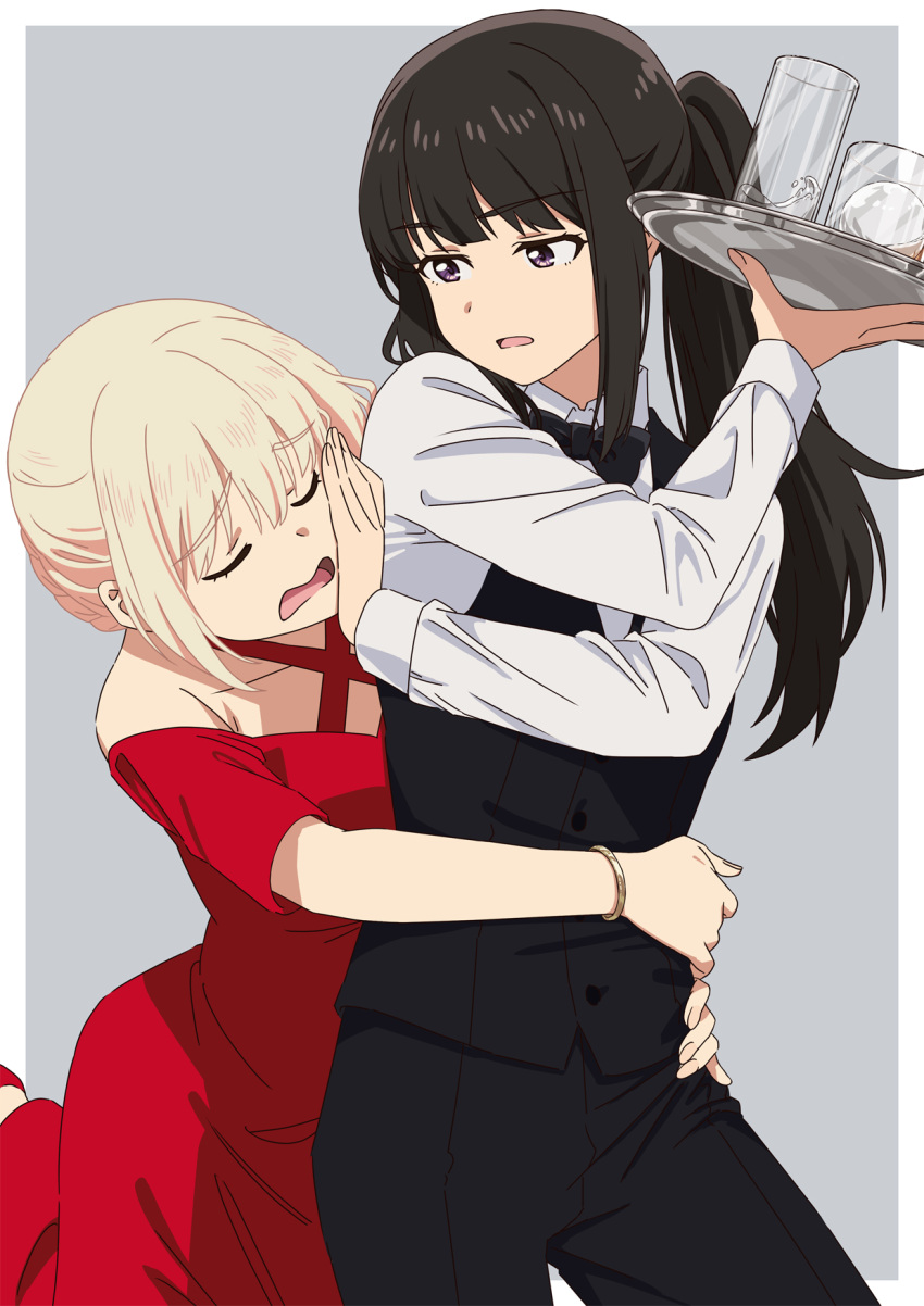 2girls asada7101 black_bow black_bowtie black_hair black_pants black_vest blonde_hair border bow bowtie closed_eyes collared_shirt commentary dress dress_shirt glass grey_background hand_on_another's_cheek hand_on_another's_face highres holding holding_tray hug inoue_takina long_hair long_sleeves looking_at_another lycoris_recoil multiple_girls nishikigi_chisato off-shoulder_dress off_shoulder open_mouth outside_border pants ponytail red_dress red_footwear shirt short_hair short_sleeves simple_background tray u_u vest violet_eyes white_border white_shirt yuri