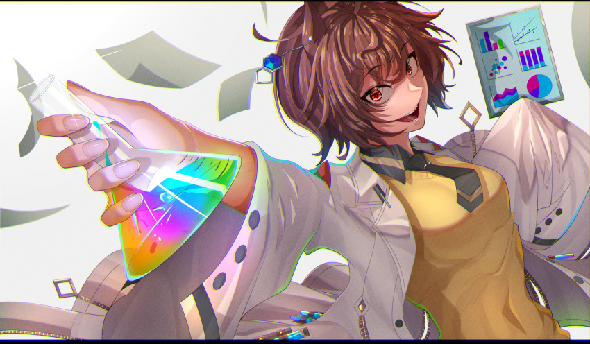 1girl agnes_tachyon_(umamusume) amekudaki animal_ears arm_up brown_hair coat collared_shirt diagram earrings erlenmeyer_flask fingernails flask highres holding holding_flask horse_ears jewelry lab_coat long_sleeves looking_at_viewer messy_hair necktie open_clothes open_coat open_mouth outstretched_arm red_eyes science shirt short_hair short_necktie sleeves_past_fingers sleeves_past_wrists smile solo sweater_vest three_quarter_view umamusume undershirt upper_body white_coat wing_collar yellow_sweater_vest