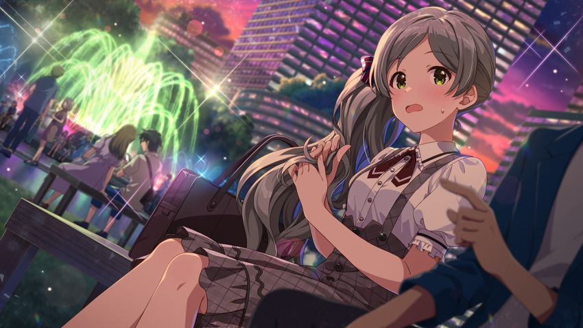 bag blush breasts brown_dress building buttons clouds cloudy_sky cowboy_shot dress dress_shirt eyelashes fluffy_hair fountain framed_breasts frilled_sleeves frills grass grey_hair hair_ribbon handa_roco hands_in_own_hair idolmaster idolmaster_million_live! idolmaster_million_live!_theater_days light_particles long_hair looking_at_another multiple_boys multiple_girls neck_ribbon official_alternate_costume official_alternate_hairstyle official_art on_bench open_mouth outdoors people plaid plaid_dress producer_(idolmaster) puffy_short_sleeves puffy_sleeves red_ribbon ribbon shirt short_sleeves shoulder_bag shy side_ponytail sidelocks sitting sky small_breasts solo_focus sparkle sunset suspenders sweat tree very_long_hair wavy_hair wavy_mouth white_shirt