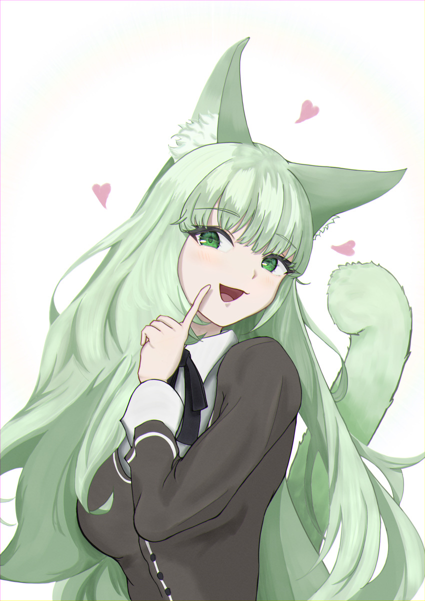 1girl absurdres animal_ear_fluff animal_ears arknights black_ribbon brown_cardigan cardigan collared_shirt commentary_request finger_to_cheek green_eyes green_hair green_tail hand_up harmonie_(arknights) heart highres light_blush long_hair long_sleeves neck_ribbon open_mouth ribbon shirt smile solo tail tail_raised upper_body uzuki_eight white_shirt
