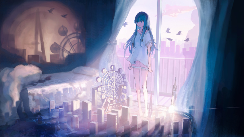 1girl backlighting balcony barefoot bed bedroom bird blanket blue_eyes blue_hair cellphone choppy_bangs city clouds curtains ferris_wheel frilled_shirt frills frown full_body glass_door highres holding holding_phone indoors kirei_natuki long_hair looking_ahead model_building model_train official_art original parted_lips phone pink_shorts shadow shirt short_sleeves shorts silhouette smartphone solo standing t-shirt white_shirt wooden_floor