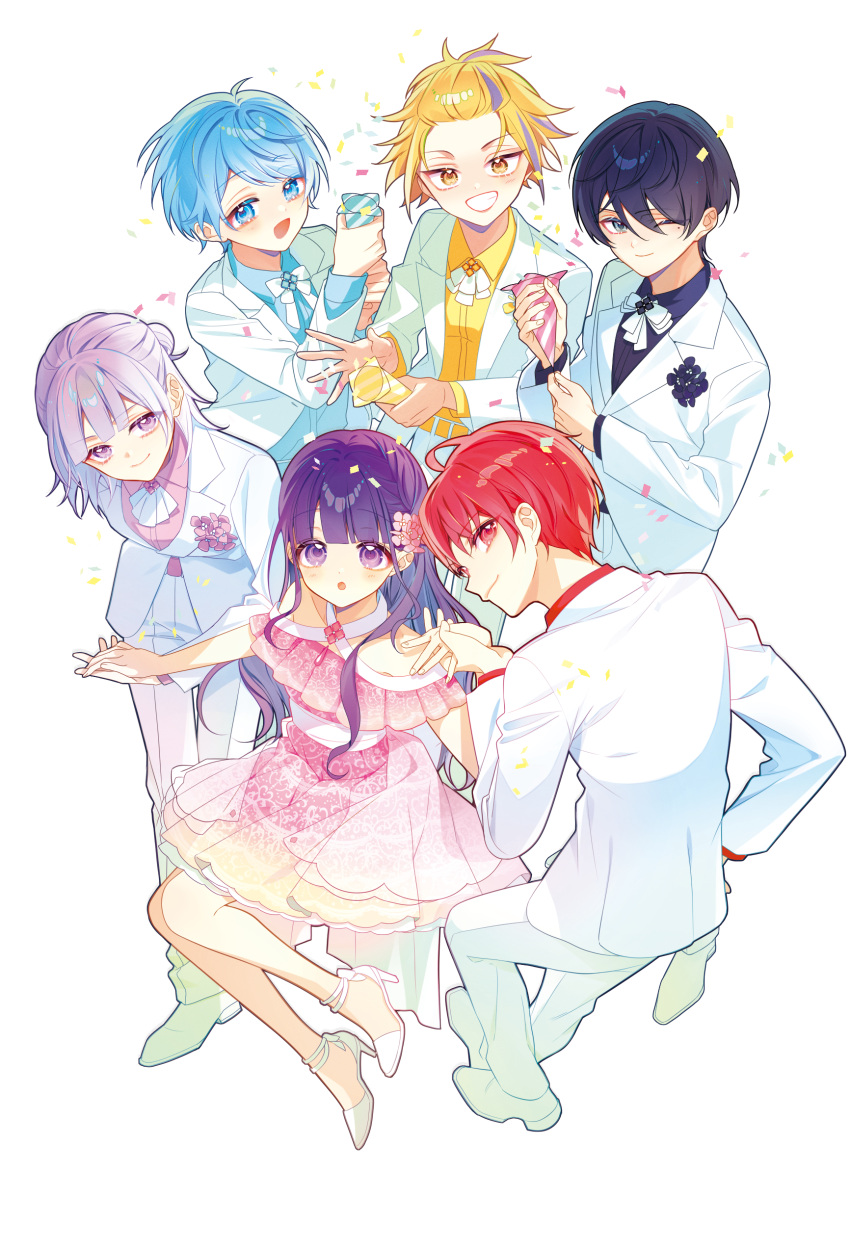 1girl 5boys :d ;) absurdres bare_shoulders black_hair black_shirt blonde_hair blue_eyes blue_hair blue_shirt brown_eyes chano_hinano closed_mouth collared_shirt commentary_request confetti copyright_request dress_shirt flower grin high_heels highres holding jacket multicolored_hair multiple_boys official_art one_eye_closed pants party_popper pink_flower pink_shirt purple_hair red_eyes red_shirt redhead shirt shoes simple_background smile streaked_hair suit violet_eyes white_background white_footwear white_jacket white_pants yellow_shirt