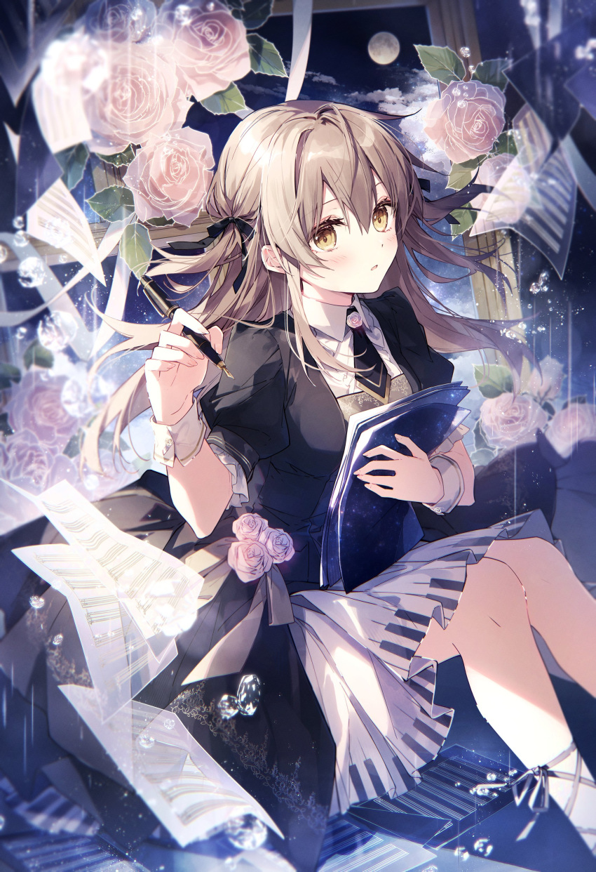 1girl absurdres annelise_(mochizuki_shiina) black_dress black_necktie blush brown_hair collared_shirt dot_nose dress feet_out_of_frame flower hair_between_eyes highres holding holding_paper holding_pen hugging_object knees_together_feet_apart miniskirt mochizuki_shiina necktie one_side_up original paper papers parted_lips pen piano_keys picture_frame pink_flower pleated_skirt puffy_short_sleeves puffy_sleeves shirt short_sleeves sitting skirt solo white_shirt white_skirt white_wrist_cuffs wrist_cuffs yellow_eyes