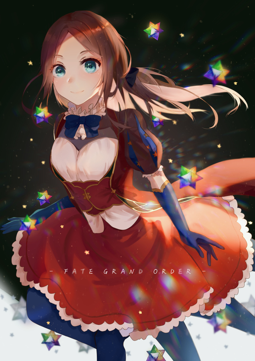 136364 1girl absurdres black_bow blue_eyes blue_gloves blue_pantyhose bow brown_hair commentary_request copyright_name elbow_gloves fate/grand_order fate_(series) gloves hair_bow highres leonardo_da_vinci_(fate) leonardo_da_vinci_(rider)_(fate) long_hair looking_at_viewer pantyhose parted_bangs ponytail puff_and_slash_sleeves puffy_short_sleeves puffy_sleeves saint_quartz_(fate) short_sleeves smile solo