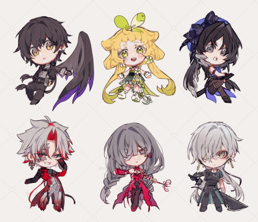 3boys 3girls black_hair blonde_hair blue_beret blue_hat braid chibi dress geshulin_(wuthering_waves) grey_hair hair_over_one_eye hat heterochromia highres holding holding_sword holding_weapon long_hair male_rover_(wuthering_waves) mi_08215 multicolored_clothes multicolored_dress multiple_boys multiple_girls open_mouth phrolova_(wuthering_waves) red_dress rover_(wuthering_waves) scar scar_(wuthering_waves) scar_on_face short_hair sword verina_(wuthering_waves) weapon white_hair wings wuthering_waves yangyang_(wuthering_waves)